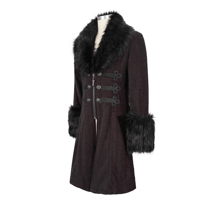 Gothic burgundy zipper coat with detachable faux fur collar and cuffs, featuring vintage cut and stylish buttons.
