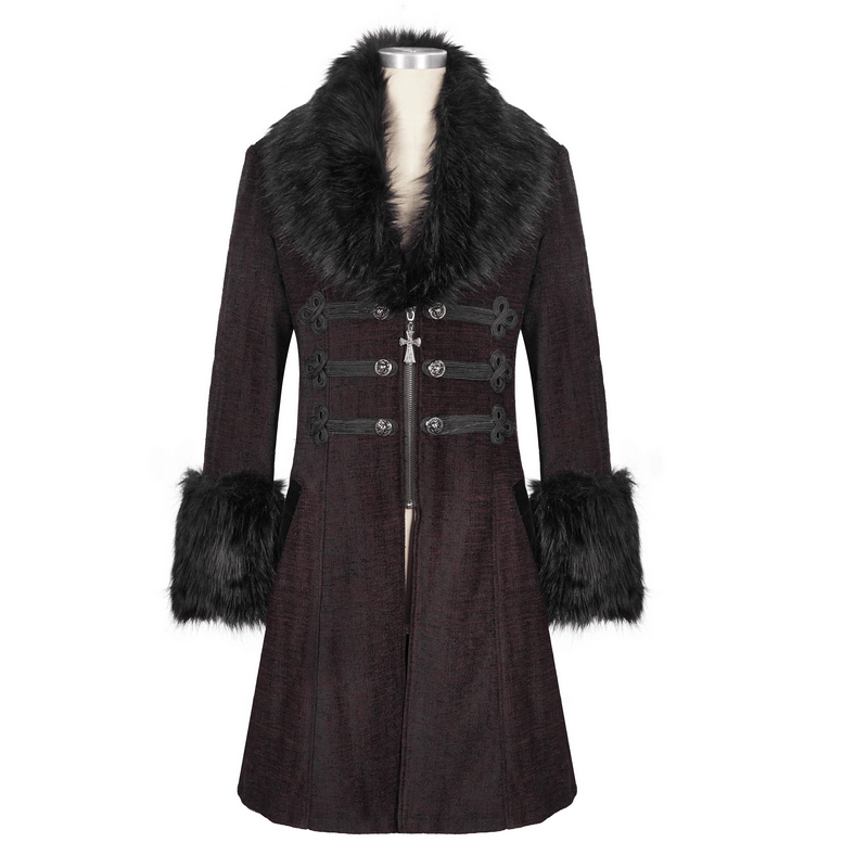 Gothic burgundy zipper coat with detachable faux fur collar and cuffs, stylish mid-length design for men's fashion.