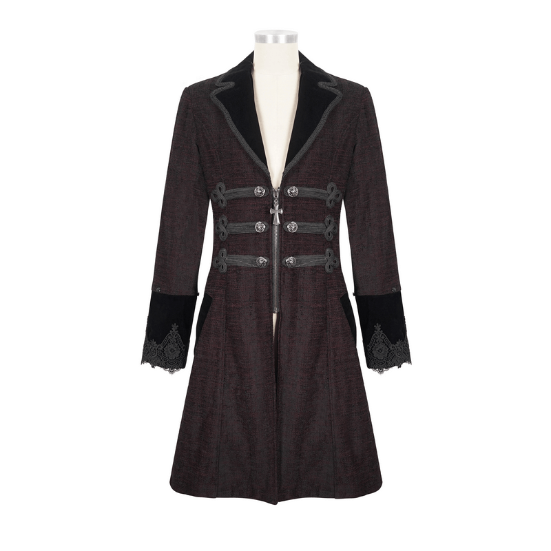 Gothic burgundy zipper coat with detachable faux fur, featuring vintage cut and stylish buttons, perfect for a gothic look.