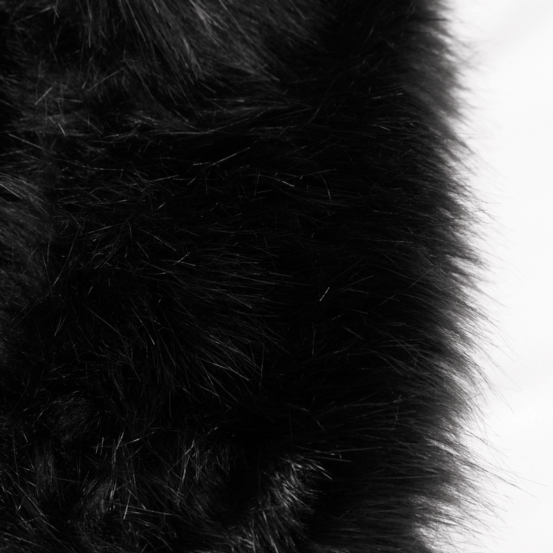 Close-up of soft black faux fur texture, perfect for a gothic coat's detachable collar.