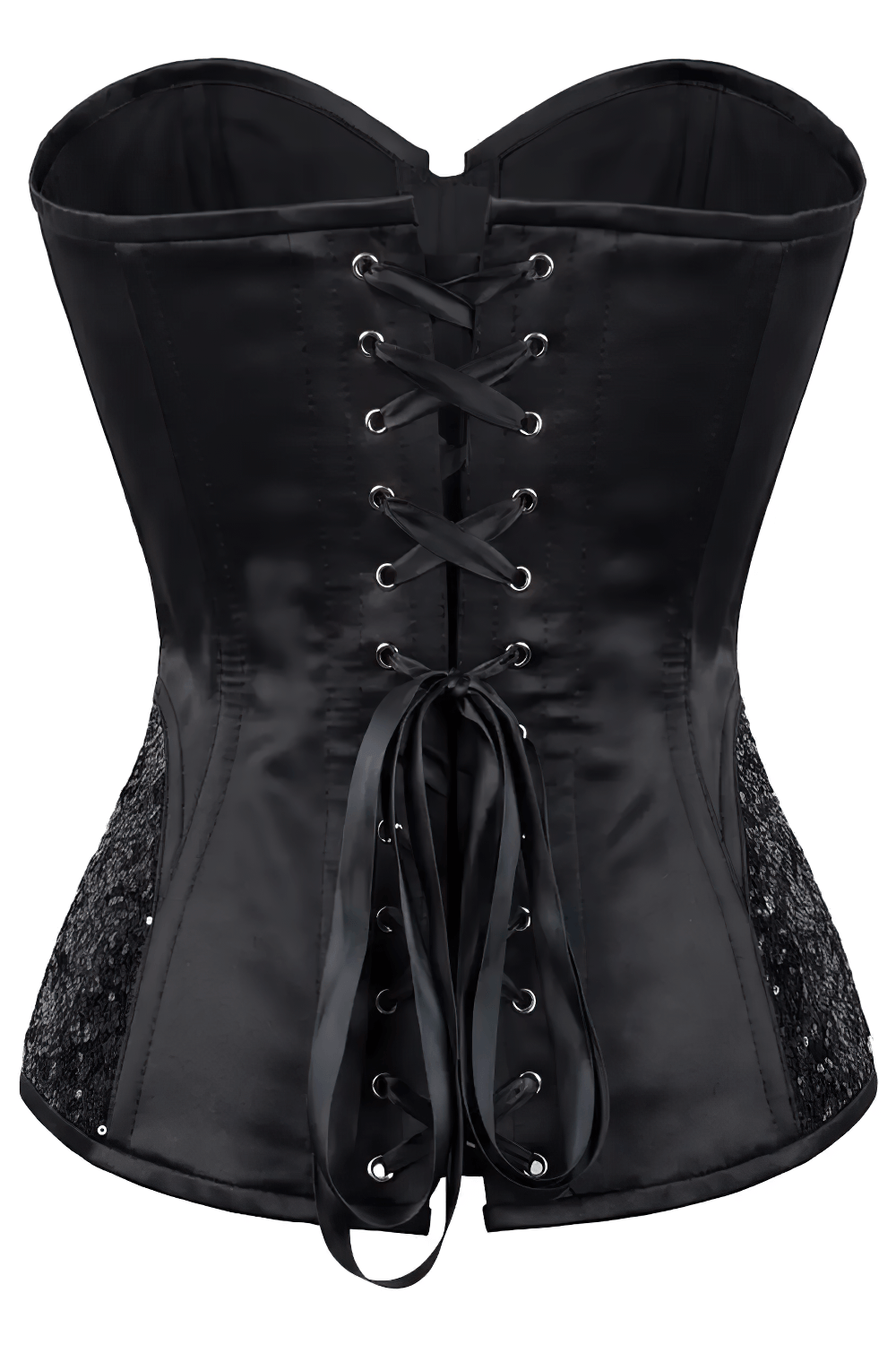 Gothic Burlesque Overbust Corset with Sequined Accents black satin waist cincher with front zipper and sweetheart neckline
