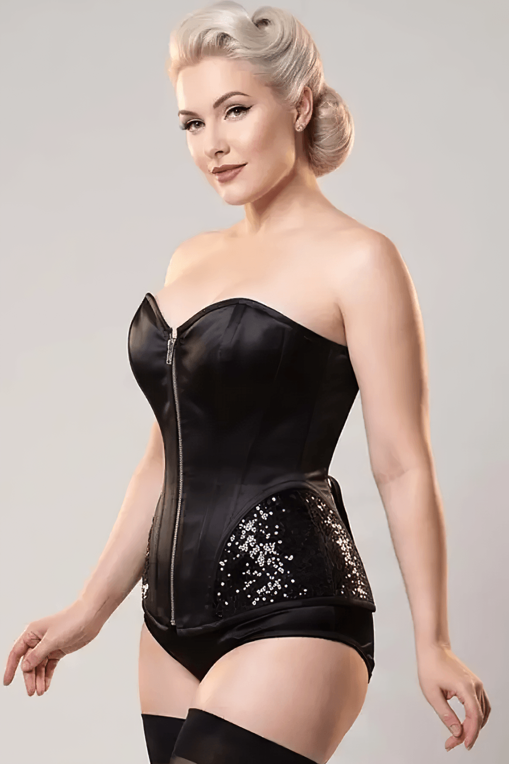 Gothic Burlesque Overbust Corset with Sequined Accents black satin corset with sweetheart neckline and front zipper