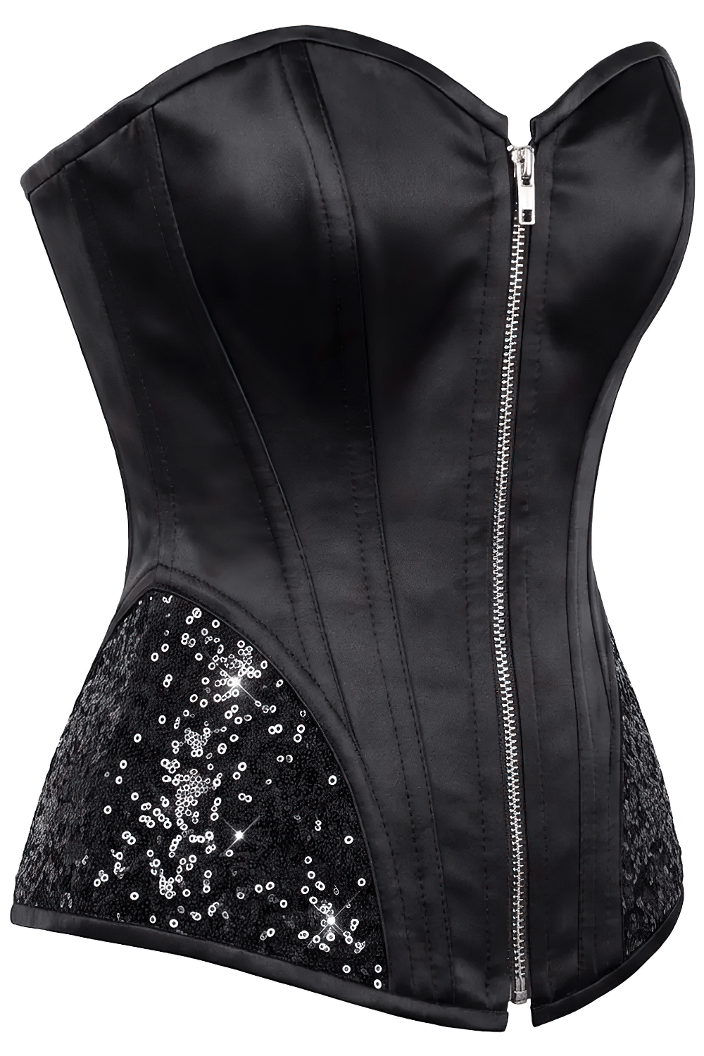 Gothic Burlesque Overbust Corset with Sequined Accents black satin sweetheart neckline front zipper and sequin side panels