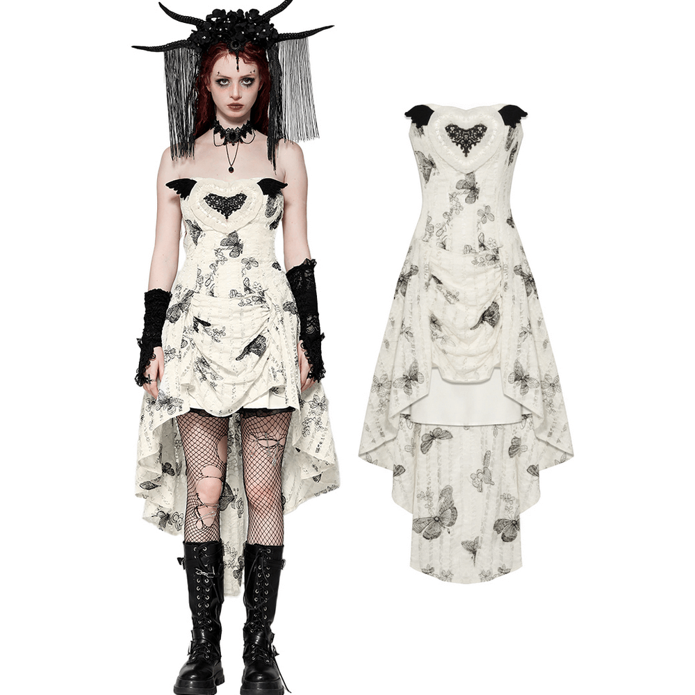Gothic butterfly print off-shoulder dress with lace-up back, perfect for alternative and punk styles.