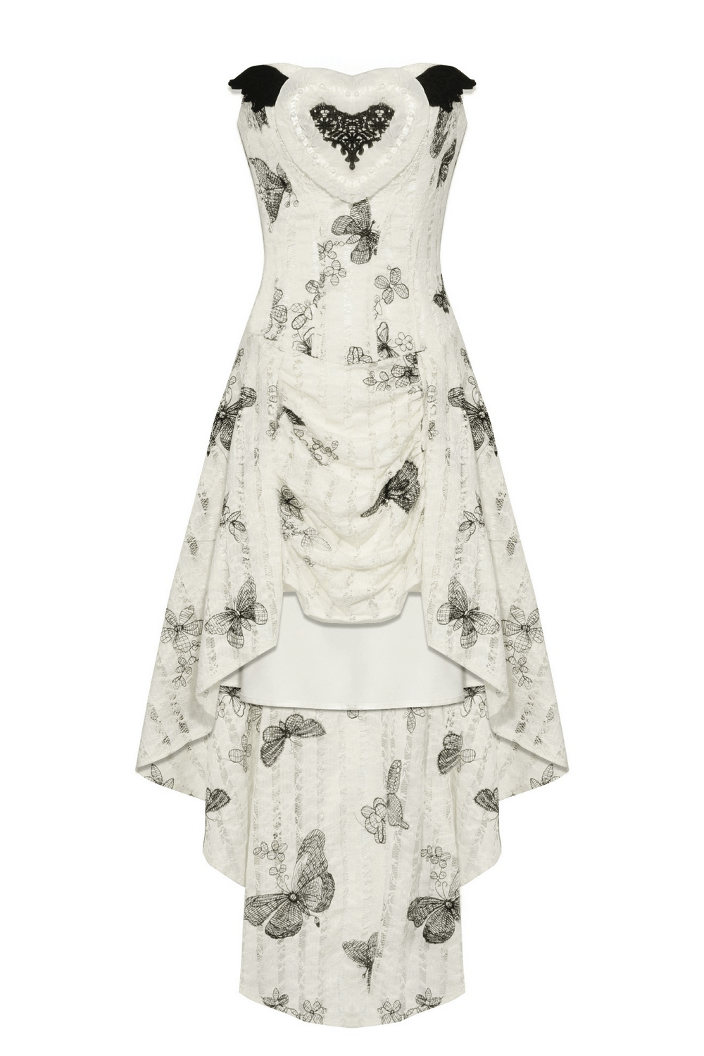 Gothic butterfly print lace-up off-shoulder dress featuring a heart-shaped bust and dramatic silhouette.