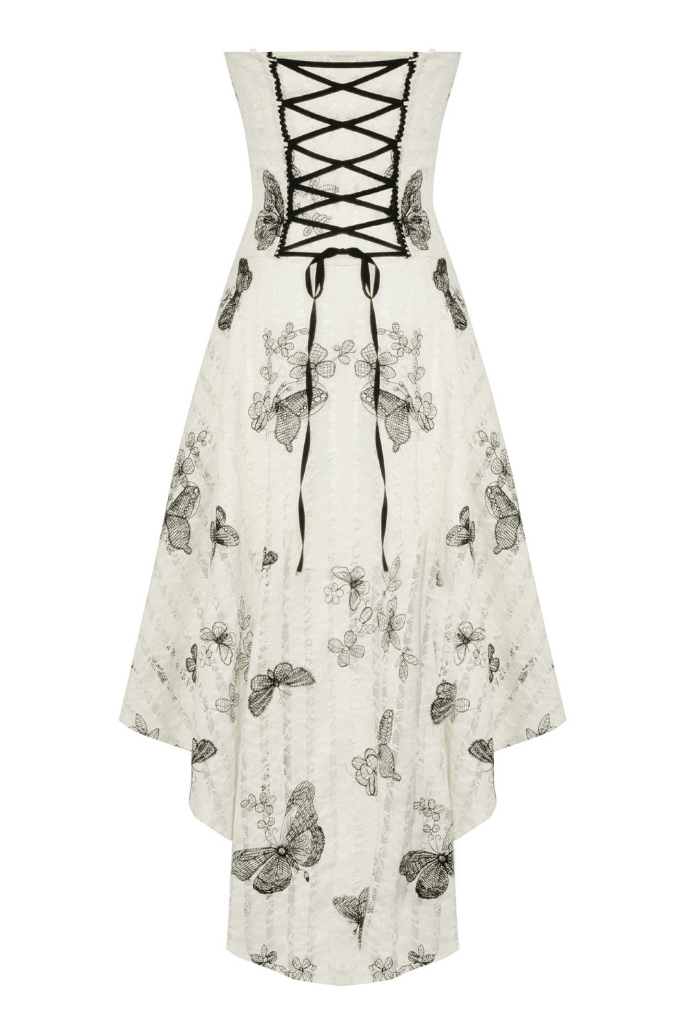 Gothic butterfly print lace-up off-shoulder dress with dramatic slits and vintage-inspired design.