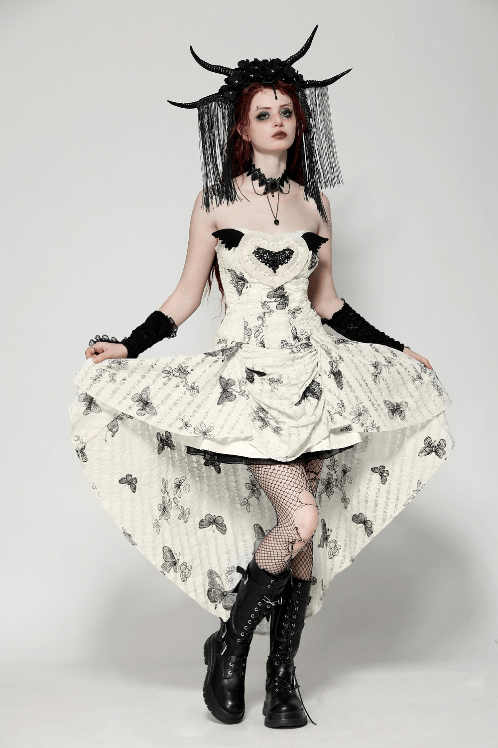 Gothic butterfly print off-shoulder dress with lace-up back and dramatic slits, styled with edgy accessories.