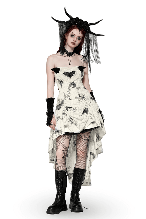 Vestido Gótico con Estampado de Mariposa, Cordones y Hombros Descubiertos