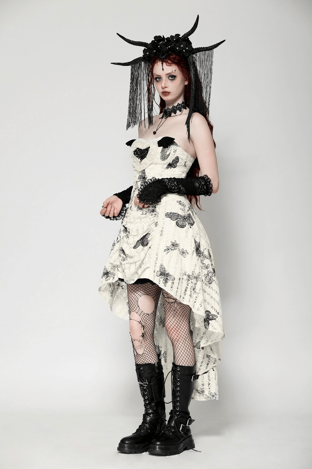 Gothic butterfly print lace-up off-shoulder dress with dramatic details and edgy accessories.