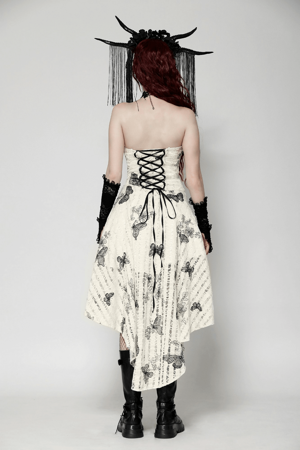 Back view of gothic butterfly print lace-up off-shoulder dress with dramatic detailing and elegant silhouette.