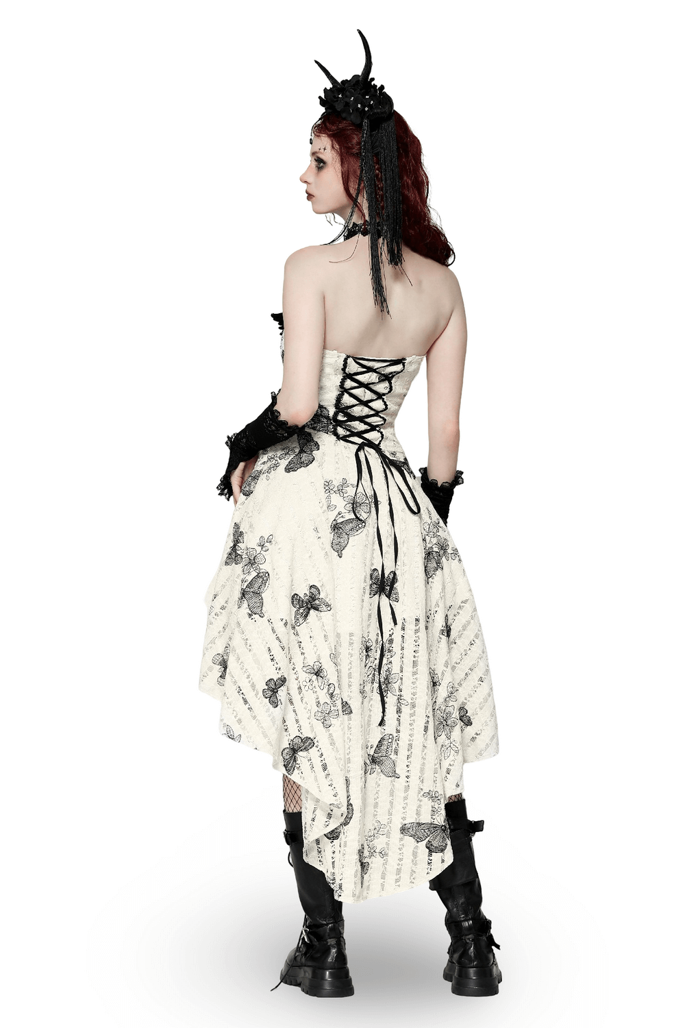 Back view of a gothic butterfly print lace-up off-shoulder dress with dramatic skirt and edgy accessories.