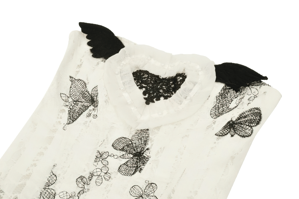 Gothic butterfly print off-shoulder dress with lace detailing and heart-shaped neckline.