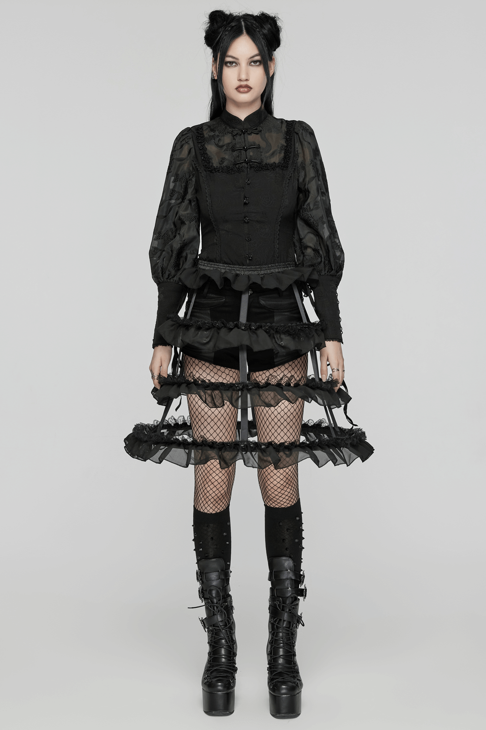 Gothic Cage Skirt with Ruffled Lace and Satin Trim