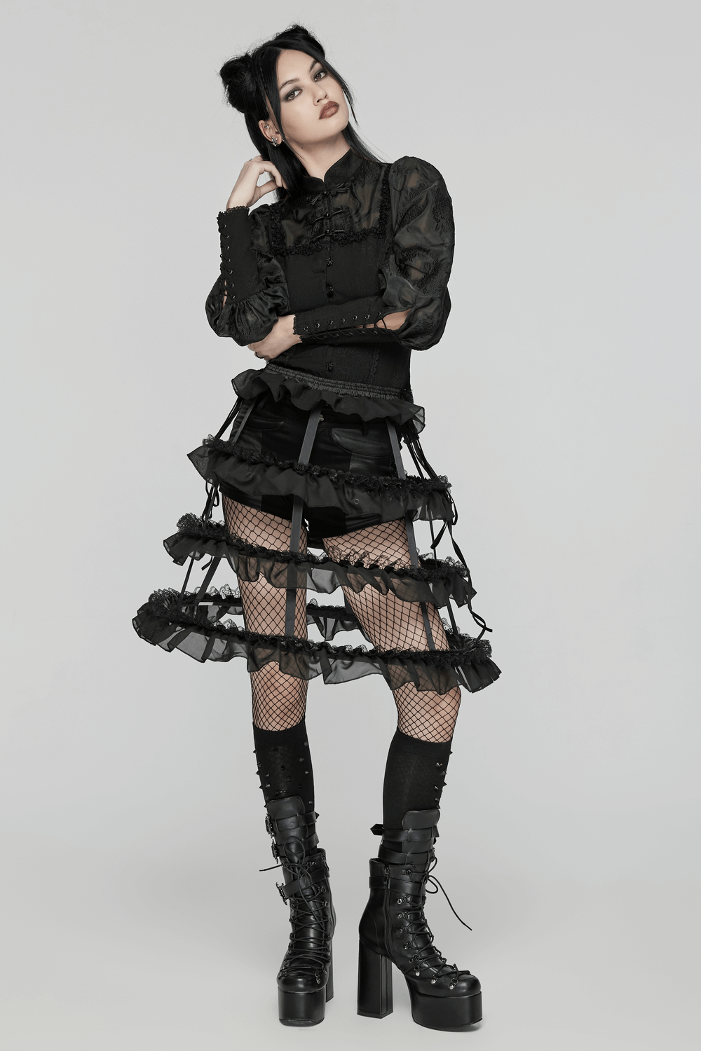 Gothic Cage Skirt with Ruffled Lace and Satin Trim