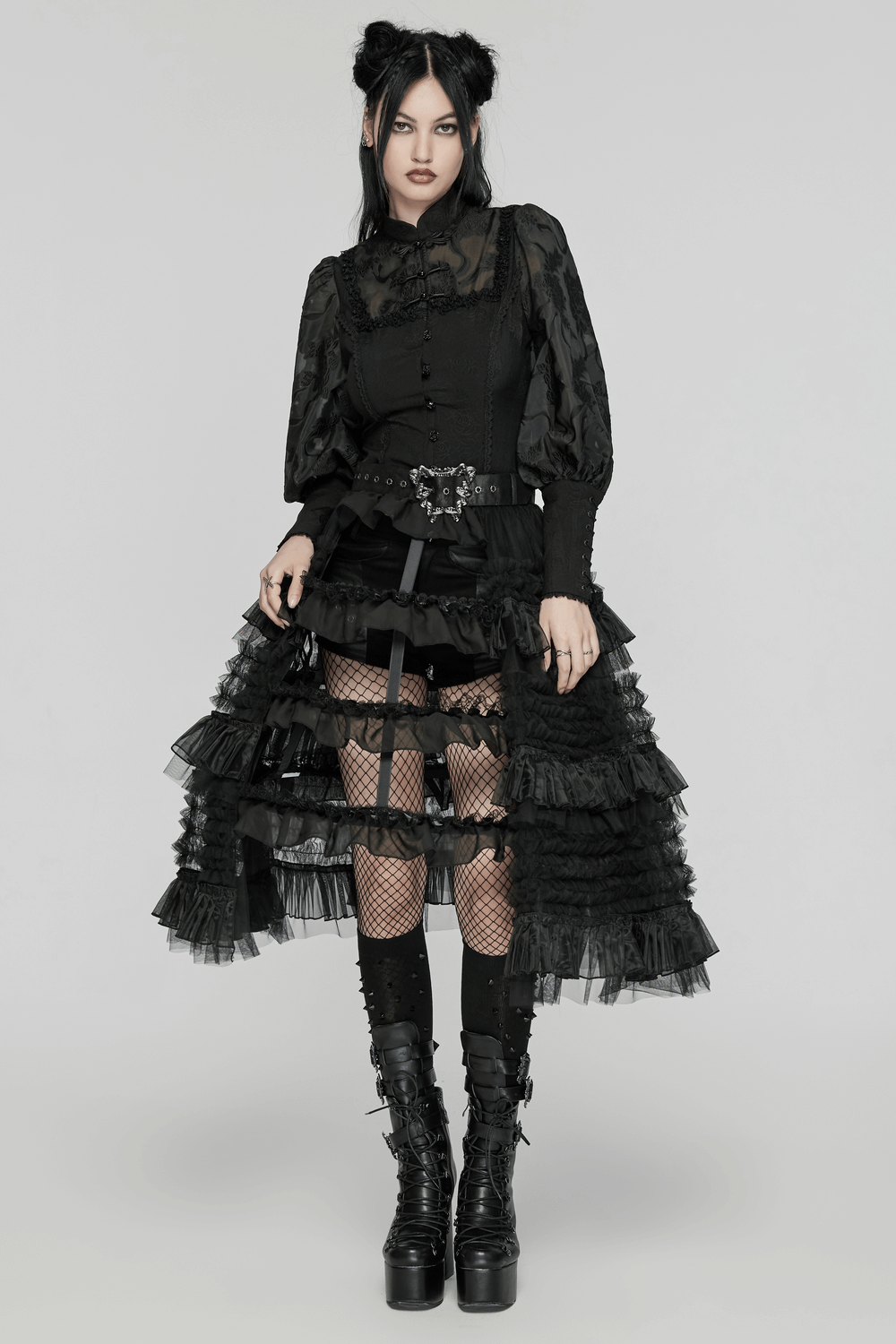 Gothic Cage Skirt with Ruffled Lace and Satin Trim