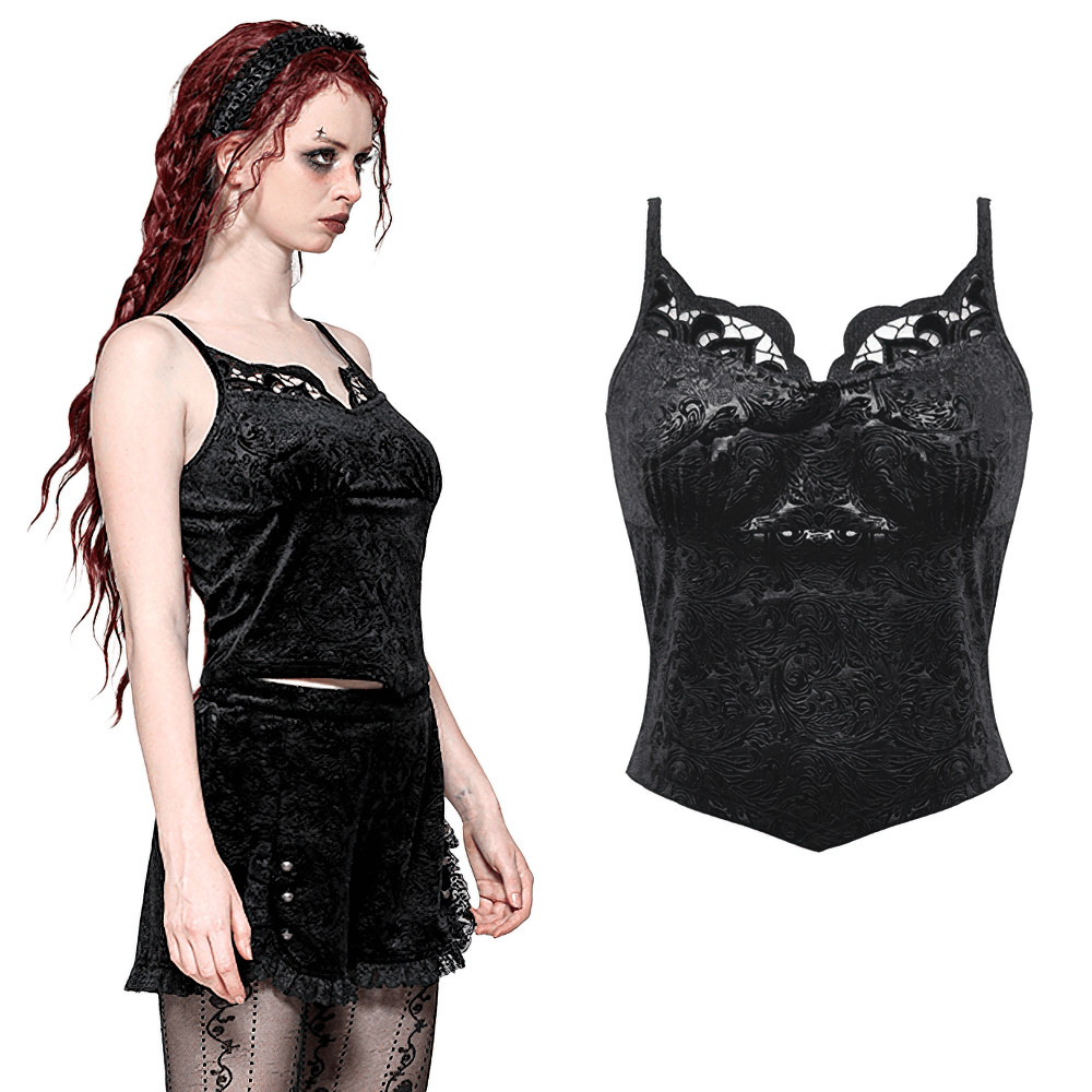 Gothic black lace cami with embossed pattern, showcasing structured fit and scalloped neckline for a dramatic look.