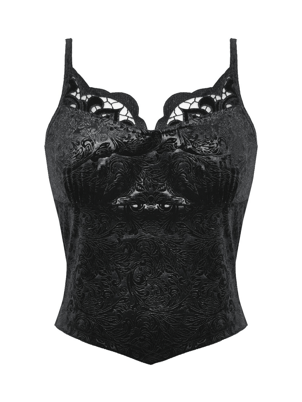 Gothic black velvet cami with lace trim and embossed pattern, perfect for layered or statement looks.