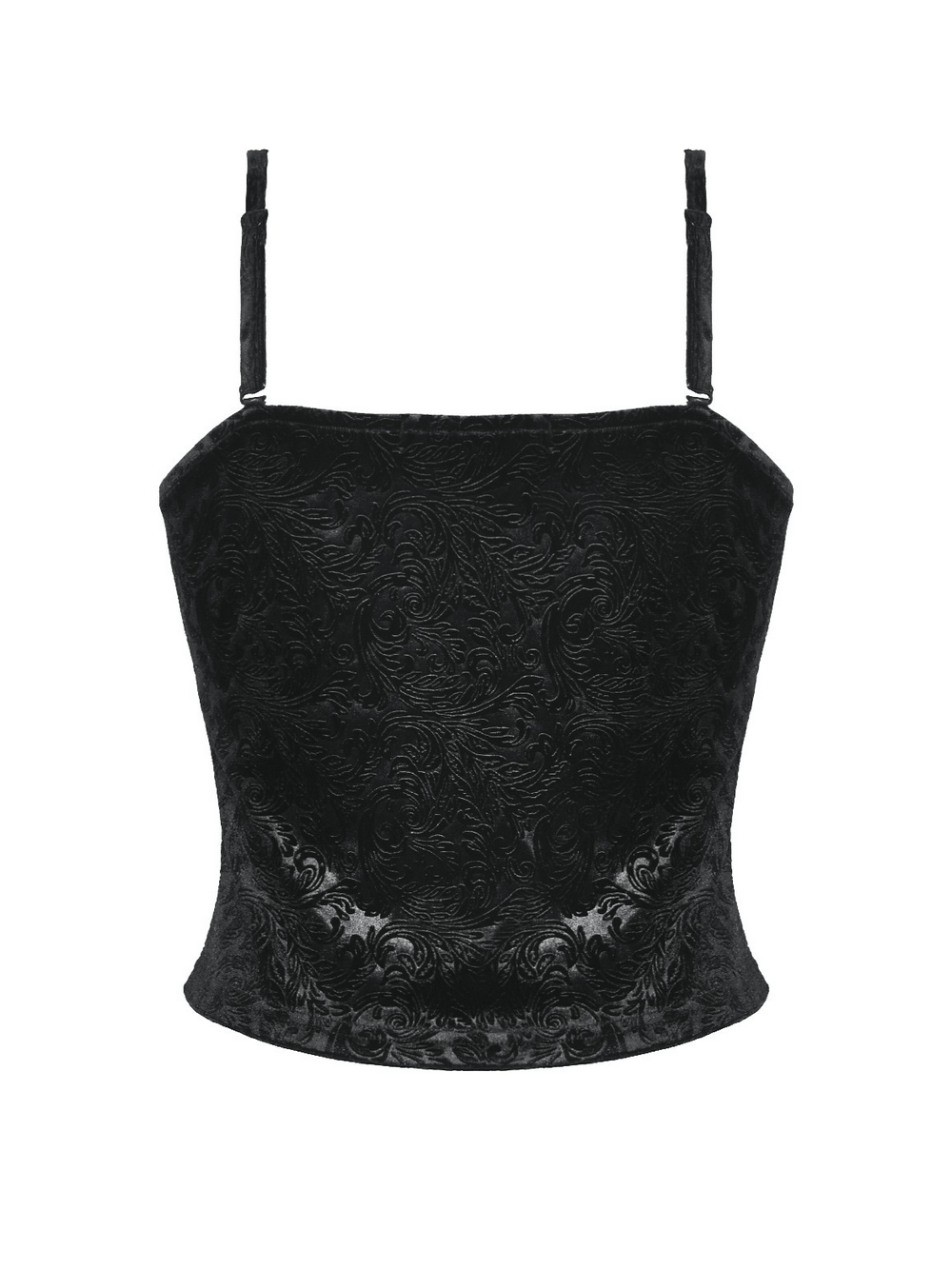 Elegant black velvet gothic cami with lace trim and embossed patterns, perfect for dark romantic styles.