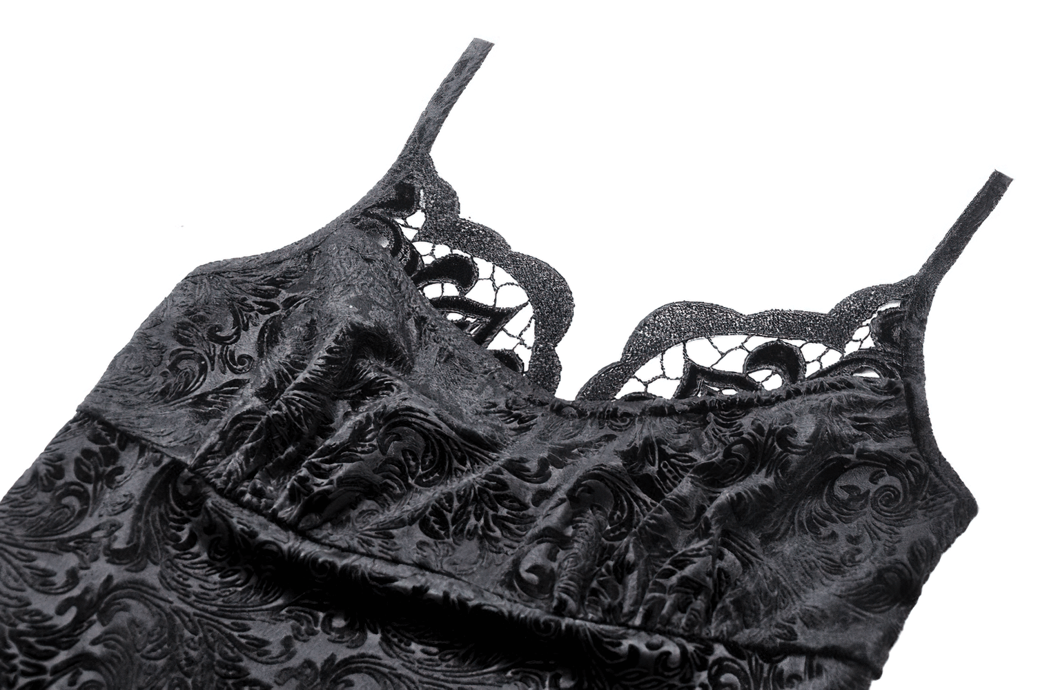 Gothic black velvet cami with lace trim and embossed pattern, perfect for dark romantic fashion.