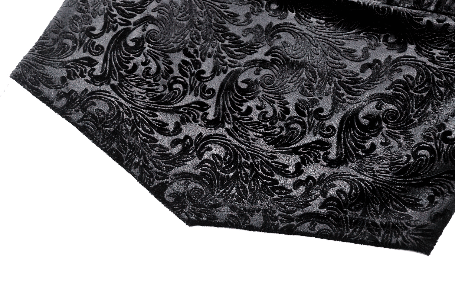 Close-up of gothic black velvet fabric with intricate embossed baroque pattern, perfect for a dark romantic aesthetic.