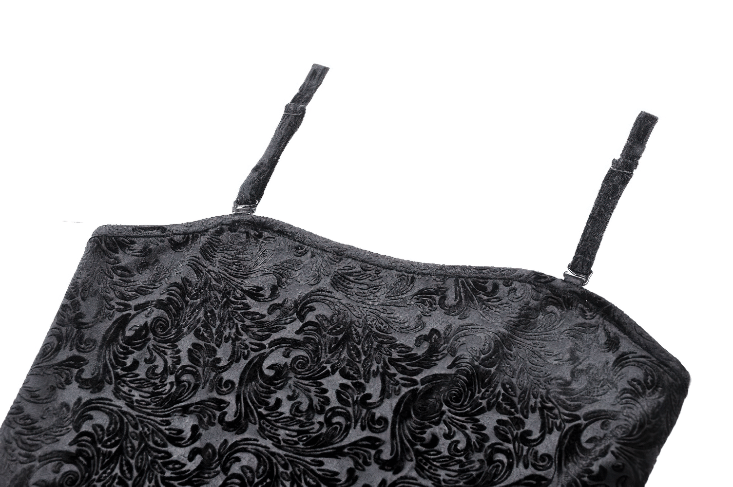 Black velvet cami with intricate embossed pattern and adjustable straps for a gothic elegant look.