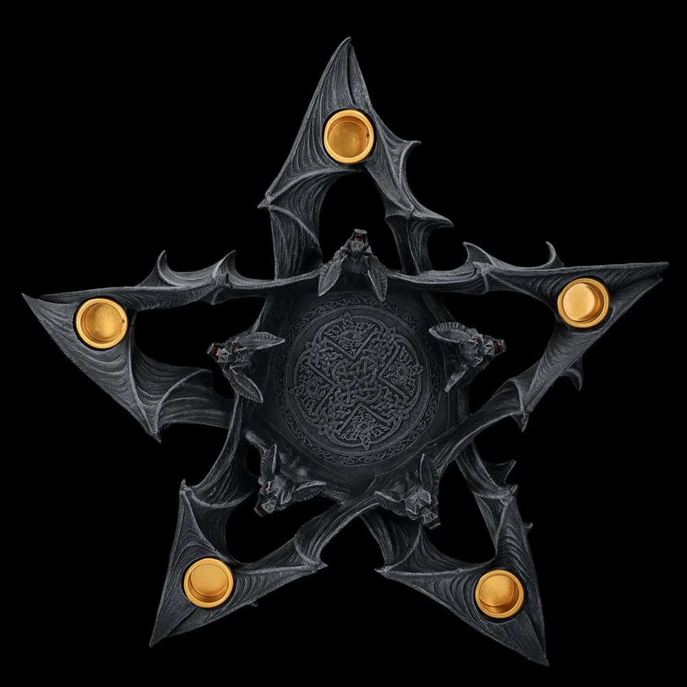 Gothic bat candle holder in star shape with golden accents for Halloween decor