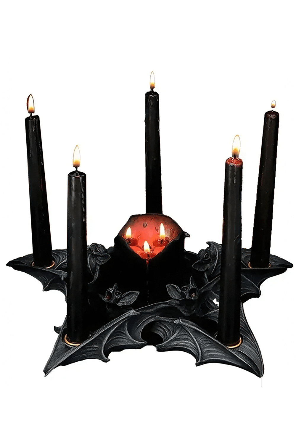 Gothic candle holder with bat details, featuring five black candles, perfect for Halloween decor.