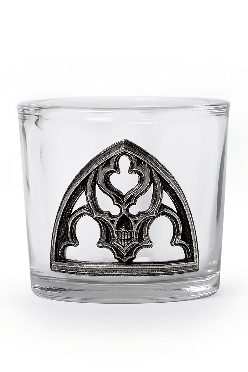 Gothic glass candle holder with intricate pewter skull design for dark home decor.