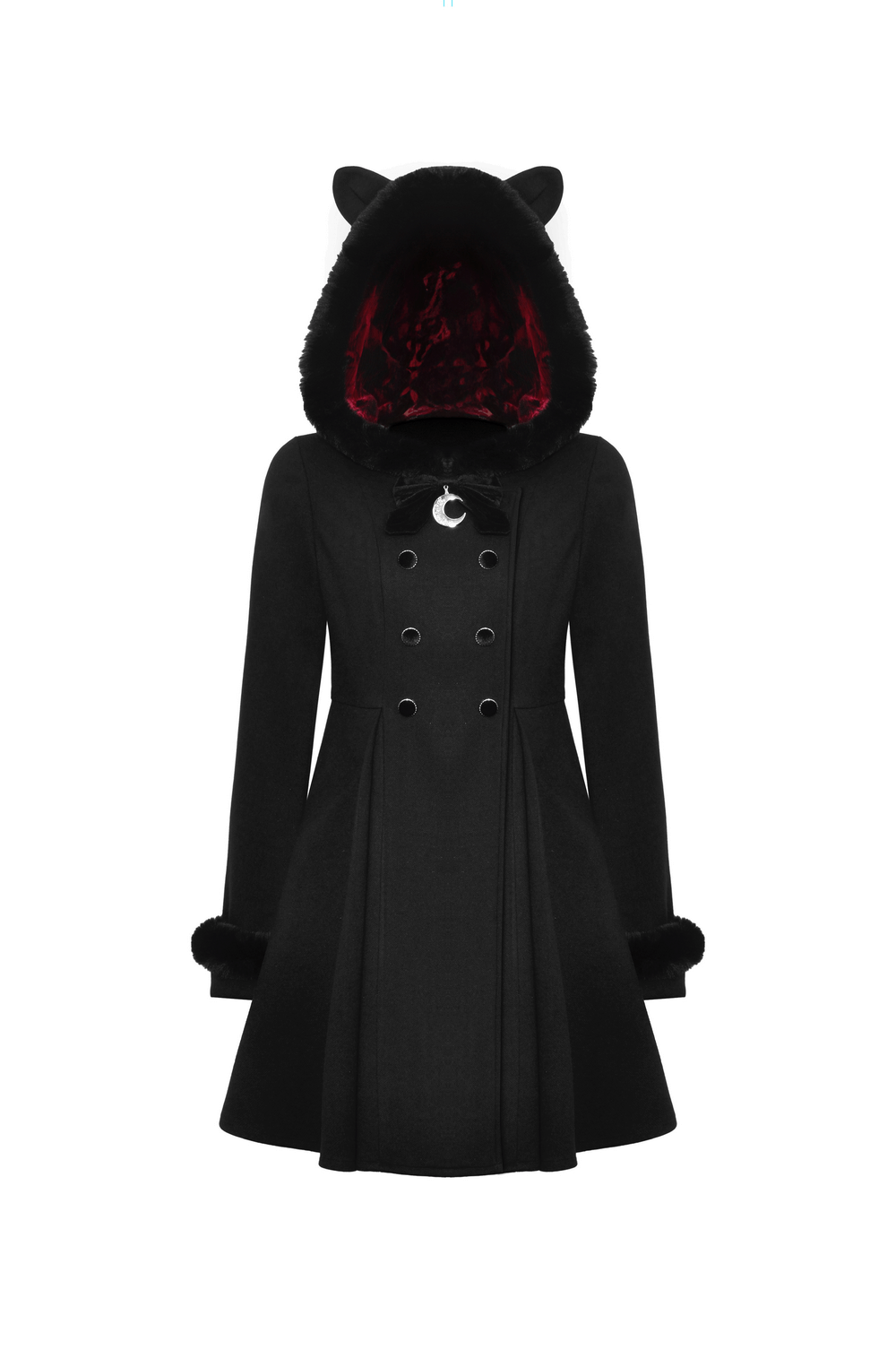 Gothic black coat with cat ear hood and plush velvet red lining, perfect for stylish winter wear.