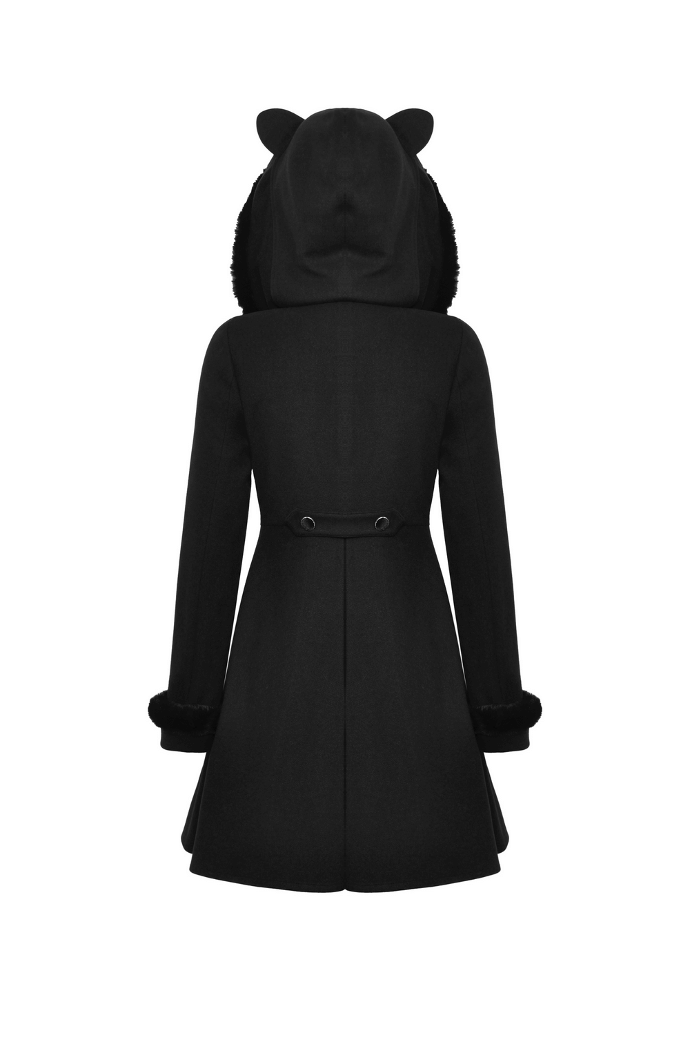 Back view of a stylish gothic black cat ear hooded coat featuring plush velvet lining and unique button details.