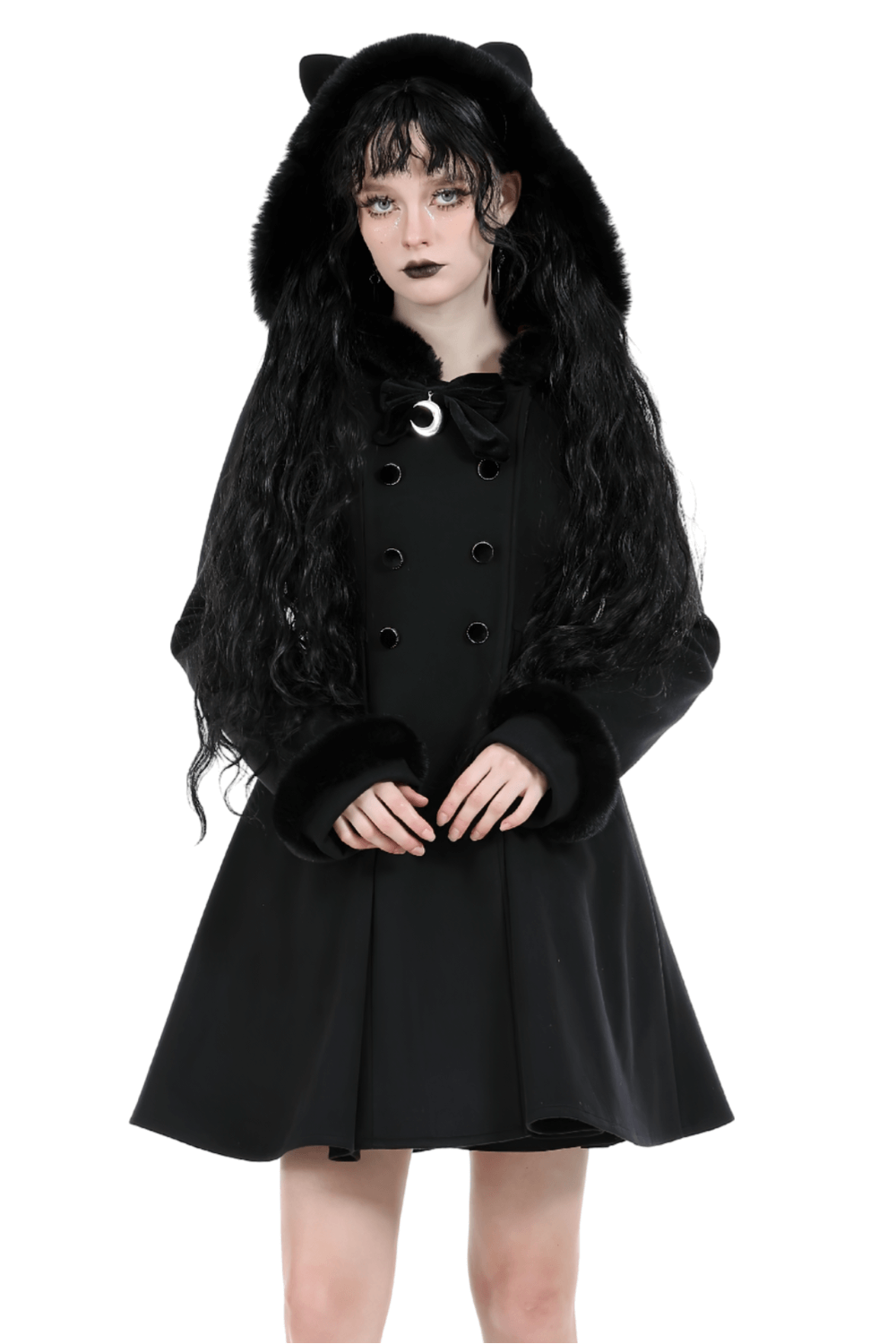 Gothic cat ear hooded coat with luxurious velvet lining, perfect for stylish winter elegance.