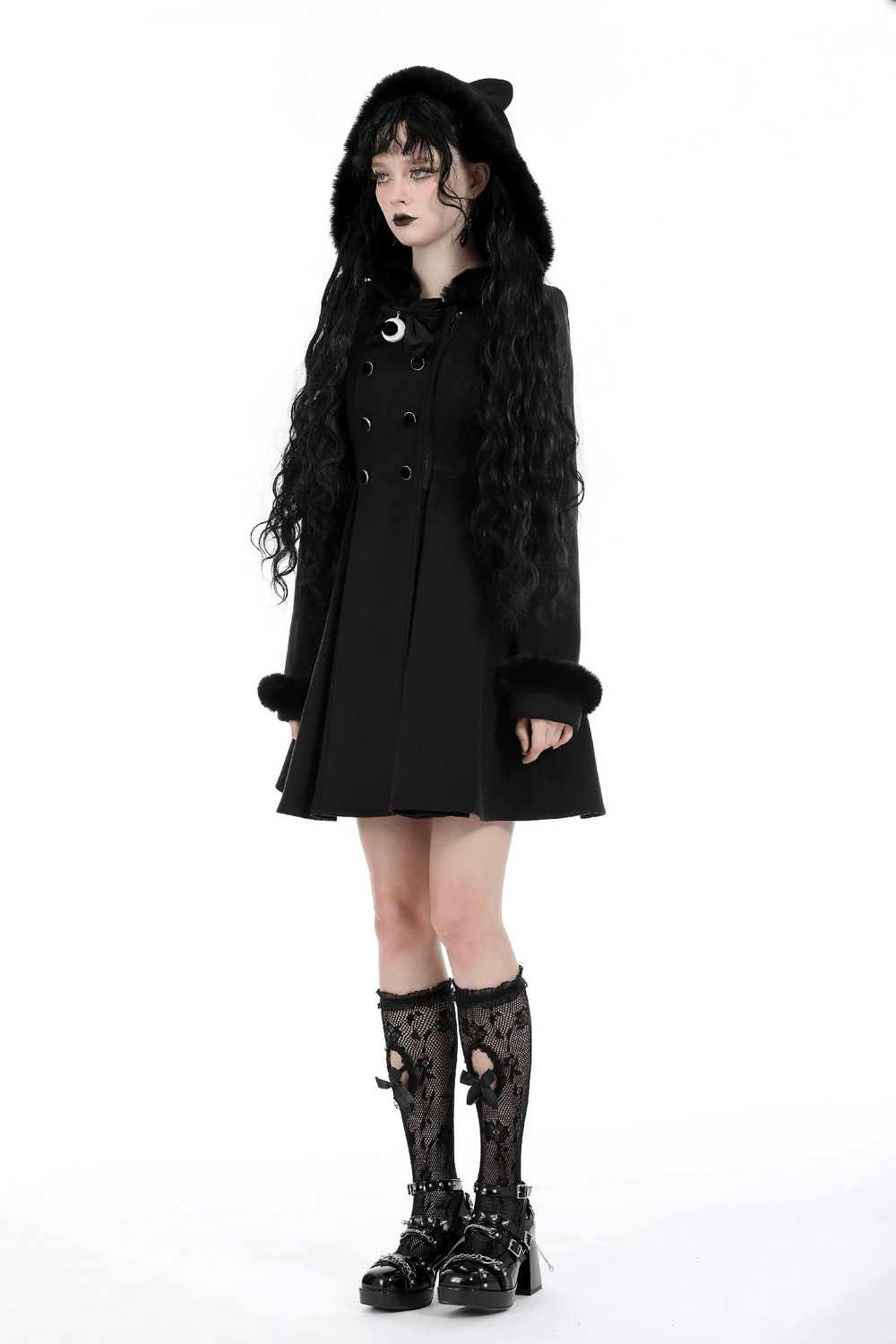 Gothic Cat Ear Hooded Coat with Velvet Red Lining