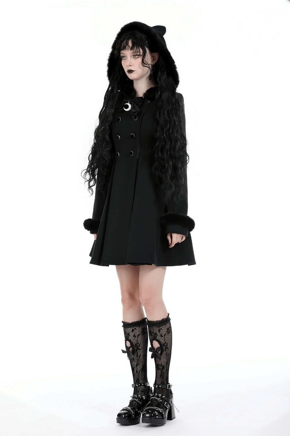 Gothic black short coat with cat ear hood and velvet lining, paired with stylish knee-high socks and platform shoes.