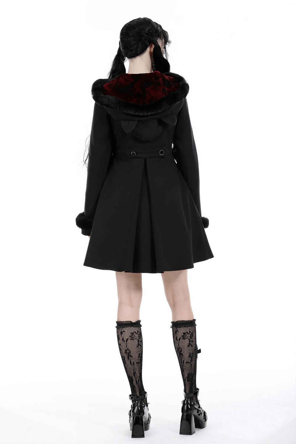 Back view of gothic cat ear hooded coat featuring plush red lining and a stylish black design.