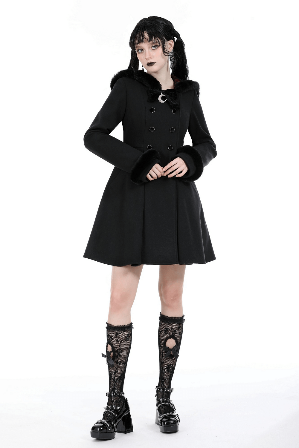 Gothic cat ear hooded coat with plush velvet lining, showcasing a stylish black short design perfect for winter elegance.