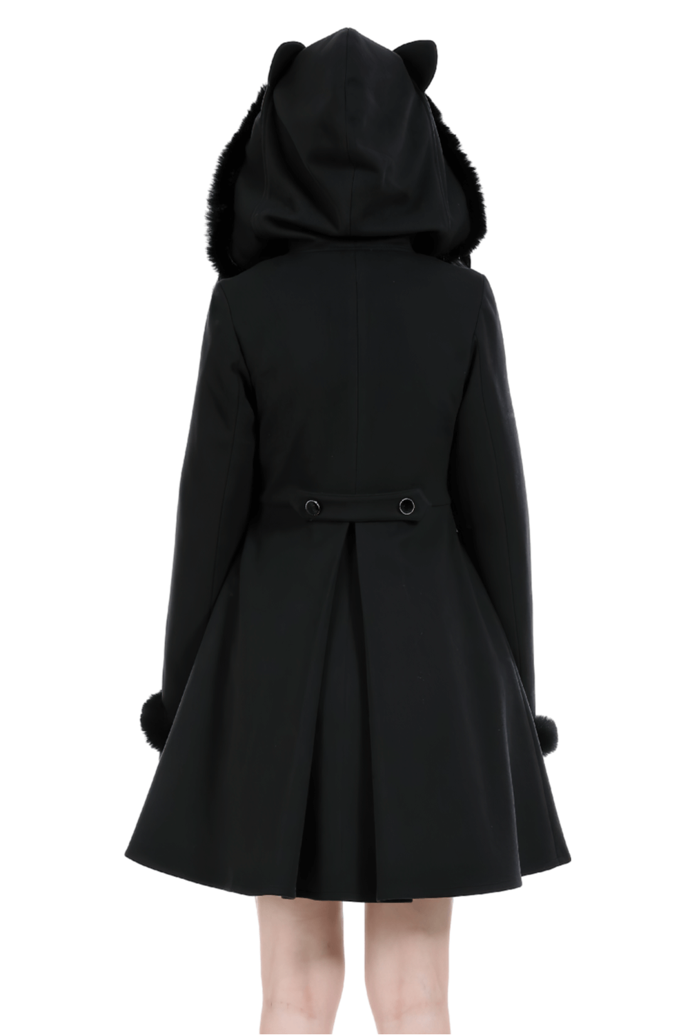Back view of a gothic black coat with cat ear hood and plush detailing, perfect for stylish winter wear.