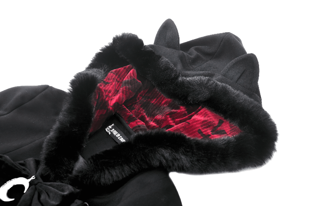 Gothic cat ear hooded coat featuring plush velvet red lining and stylish black fabric, perfect for winter elegance.