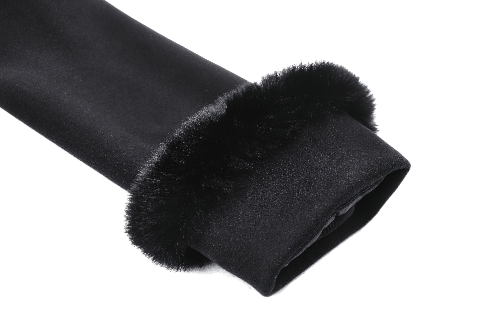 Close-up of the plush black cuff with faux fur detailing from a gothic cat ear hooded coat.