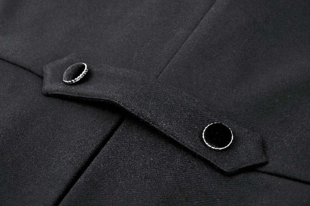 Close-up of the button detailing on the gothic cat ear hooded coat, showcasing luxurious black fabric.