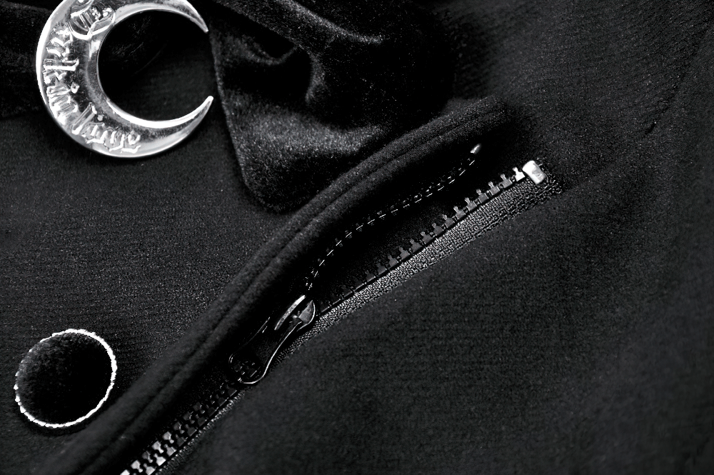 Close-up of Gothic cat ear hooded coat detailing, featuring shiny zipper and unique moon pendant.