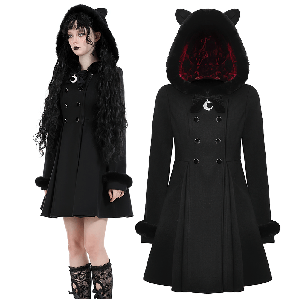 Gothic black coat with cat ear hood and plush red lining, perfect for winter elegance.