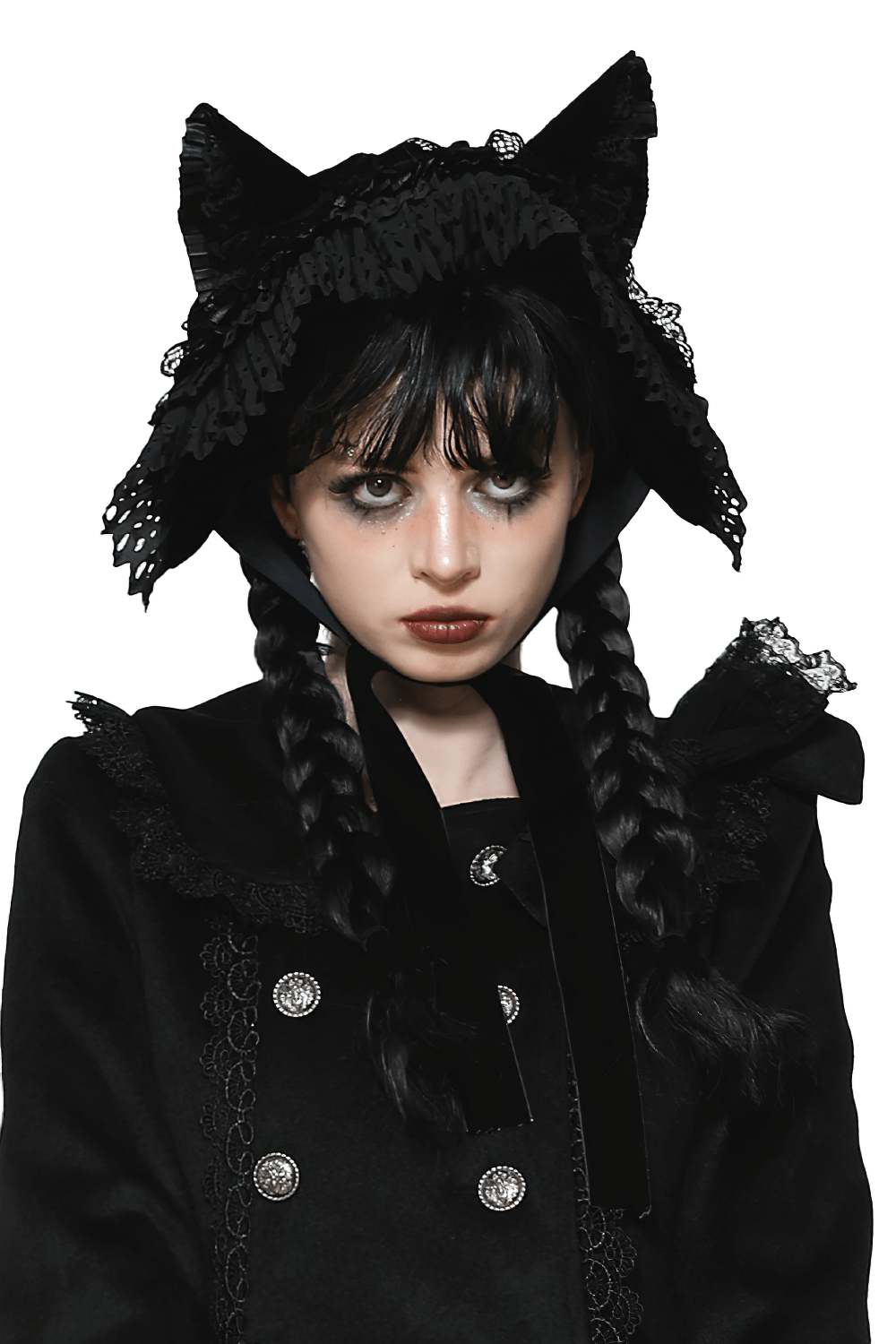 Vintage gothic cat ear lace bonnet with ribbons, adding a whimsical flair to your look. Perfect for cosplay and gothic fashion.