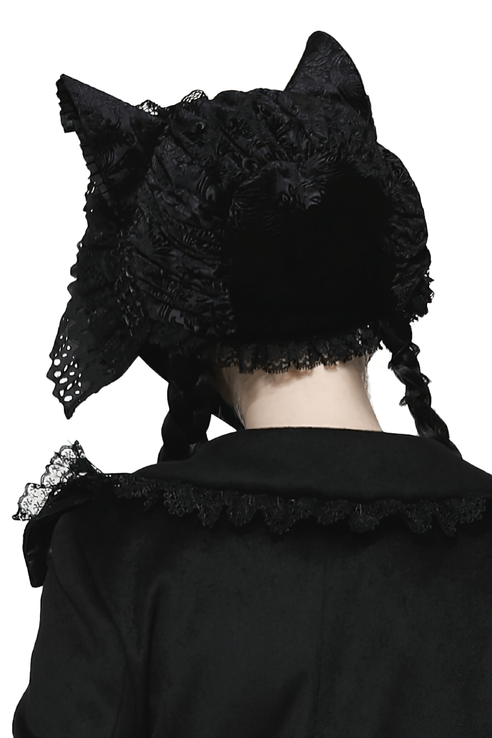 Gothic cat ear lace bonnet from the back, featuring intricate lace and velvet trim, perfect for vintage-inspired looks.