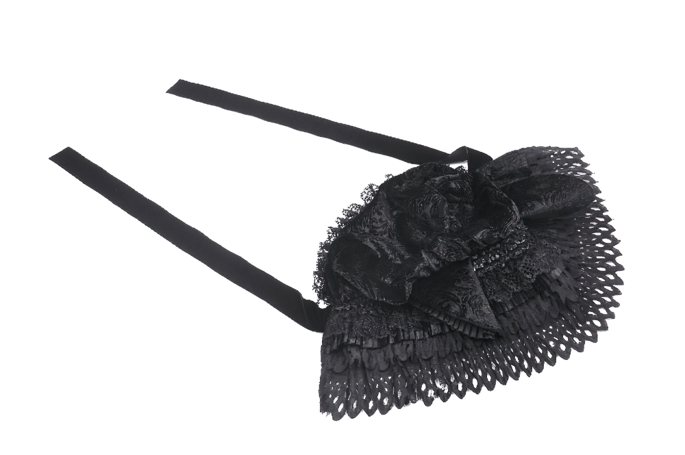 Gothic cat ear lace bonnet featuring intricate lace, velvet trim, and long black ribbon ties for a whimsical vintage look.