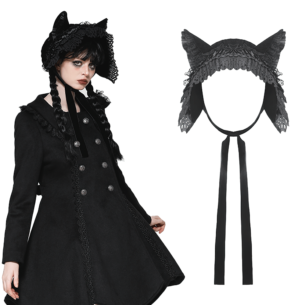 Gothic cat ear lace bonnet with ribbons, worn by model in black outfit, showcasing vintage Lolita style and intricate lace details.