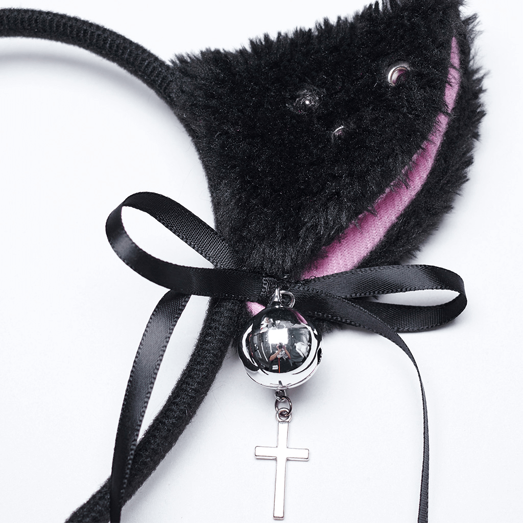 Gothic cat ear headband with plush material, rivets, metal eyelets, and a decorative bell.