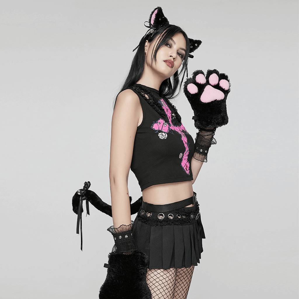 Punk style model showcasing gothic cat ears, plush tail, and paw gloves with pink accents and bows for a playful look.