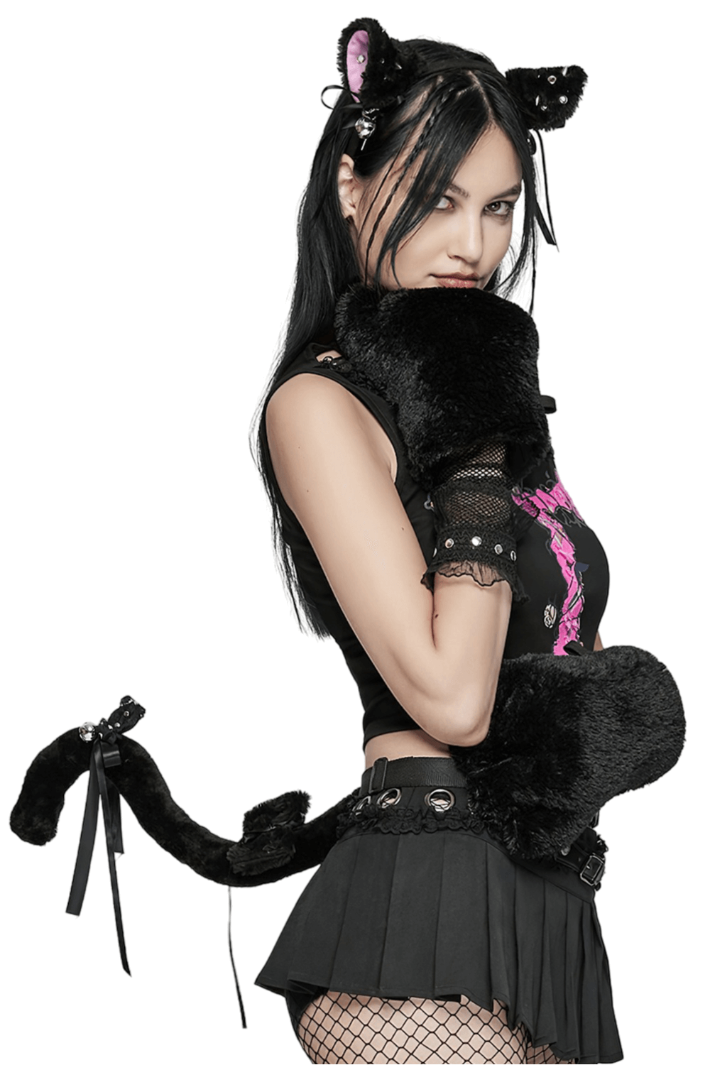 Gothic cat ears and tail set with rivets and bells, styled with punk outfit, featuring soft plush material and adjustable waistband.
