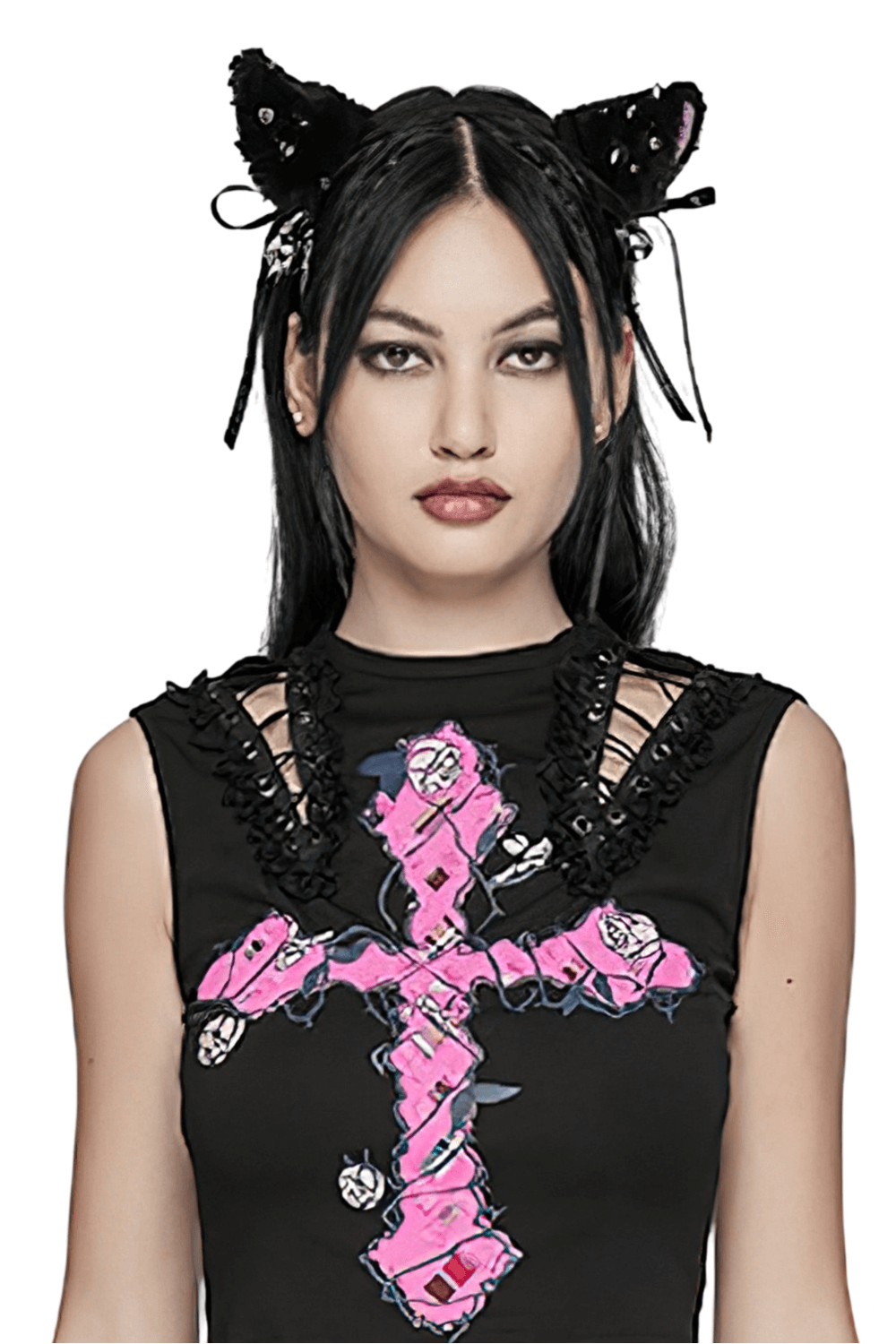 Gothic cat ears headband with rivets and bows on a model, showcasing punk style and plush material.