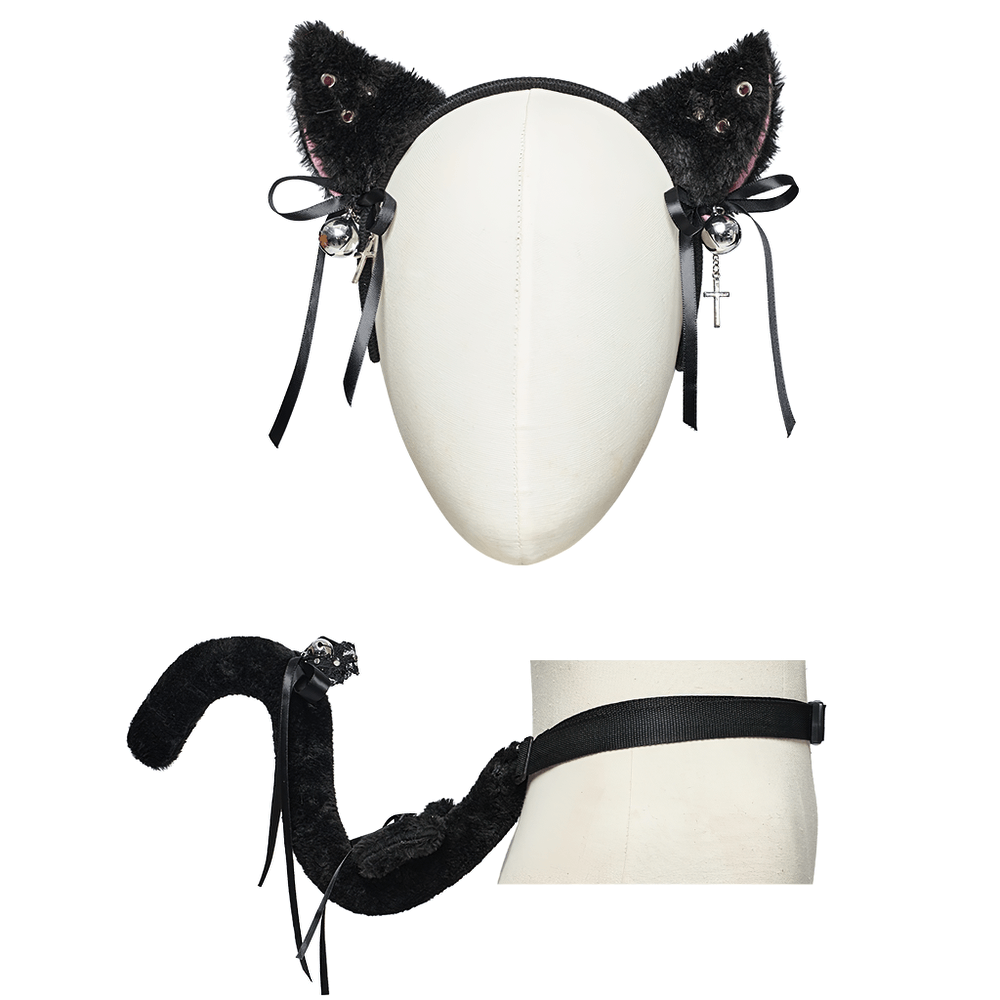 Gothic cat ears and plush tail set with rivets, bells, and bows for a punk look.